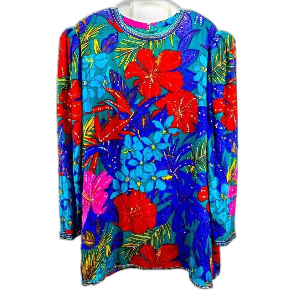 Vintage Judith Ann Plus Silk Tunic Top 3X Teal Floral Beaded Sequin Tropical